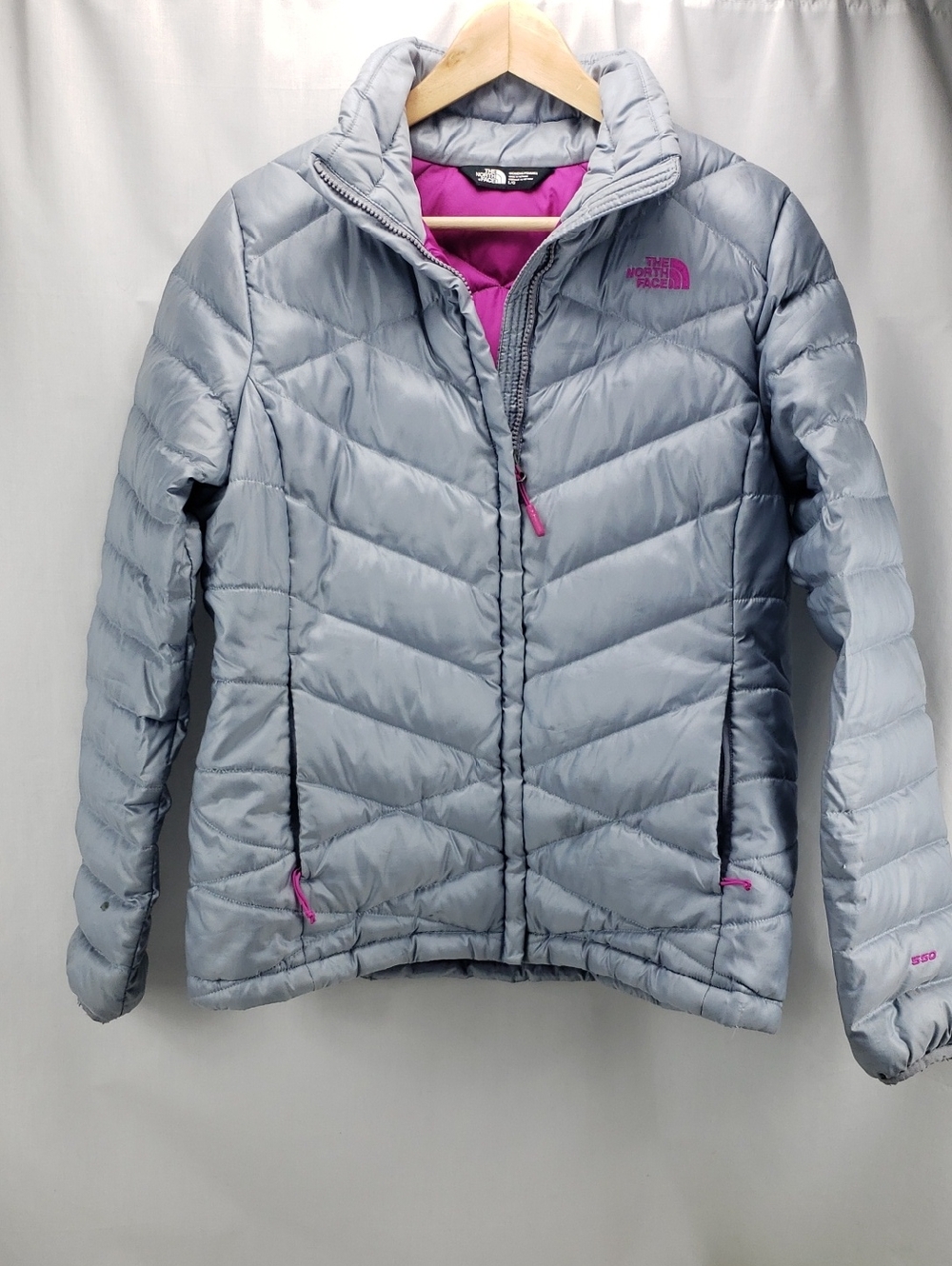 The North Face Puffer Jacket Grey Pink 550 Down Insulated Full Zip Size Large